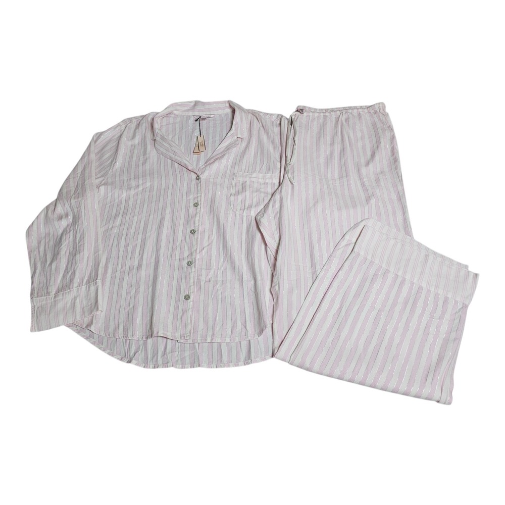 NWT Victoria's Secret Pajamas Sz XL Iconic Striped Pink Shimmer Top Pants Set